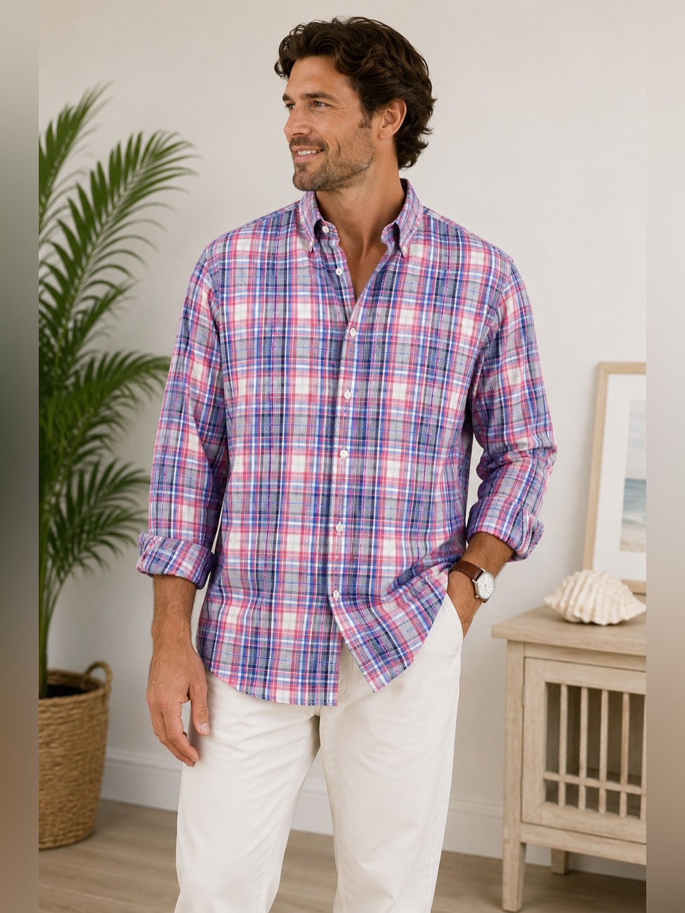 Peter Millar Mens XXL Plaid Cotton Button Down Shirt Pink Blue White